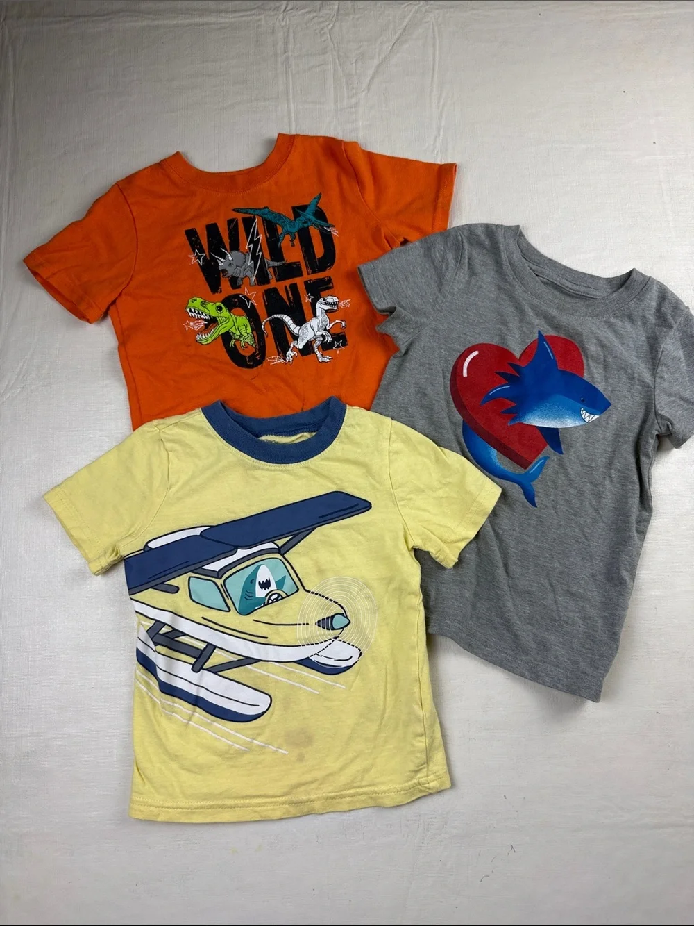Toddler Boy Bundle Orange Dinosaur Yellow Shark Seaplane Gray Shark Tee 2T